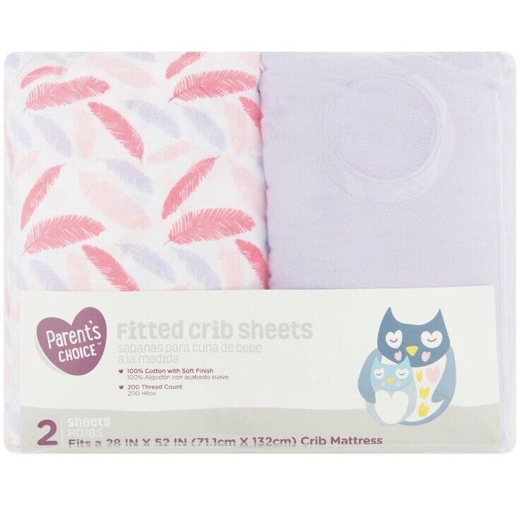 Parent's Choice 100% Cotton Fitted Crib Sheets, Purple Feather 2pk