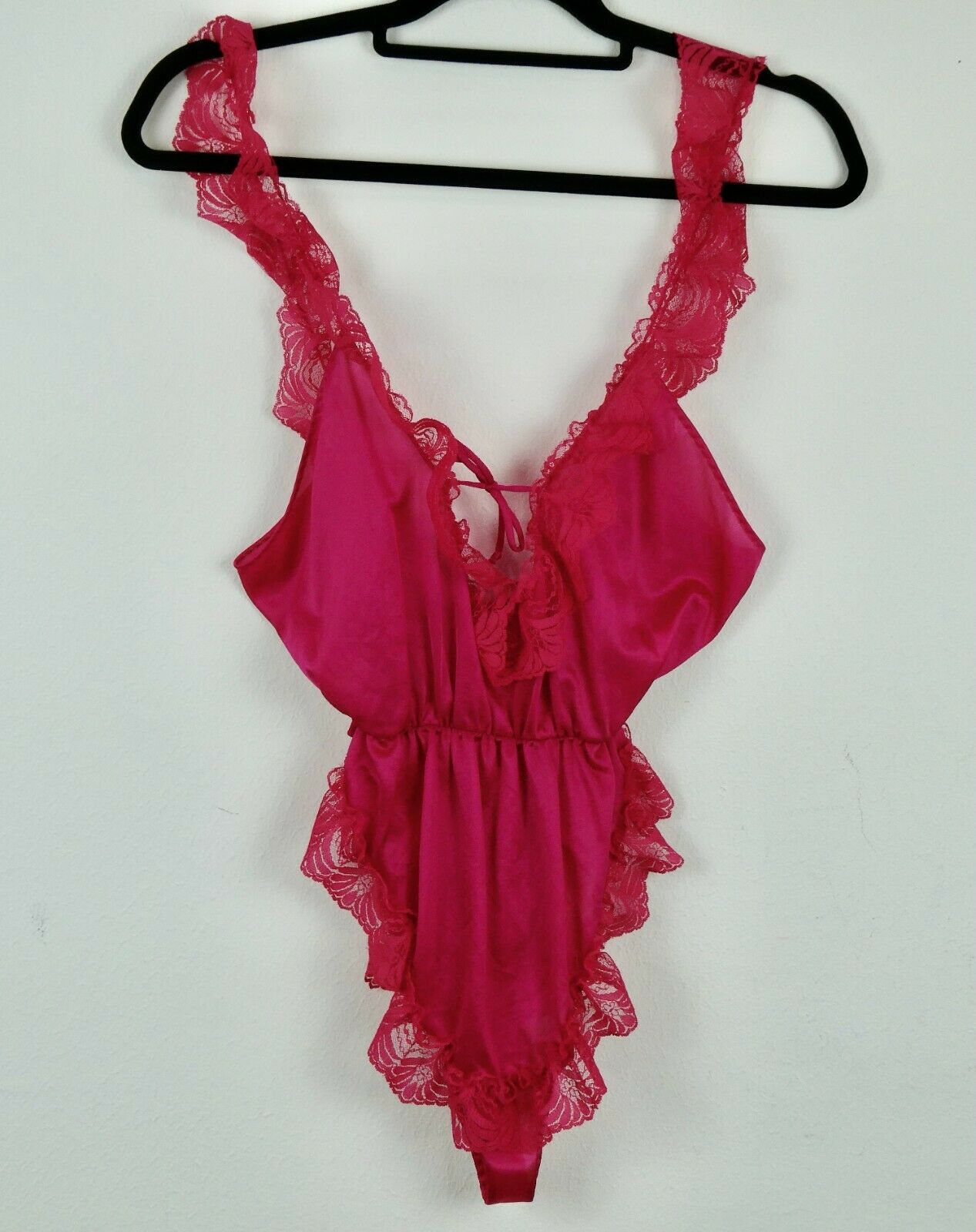 Vintage 80s Hot Pink Nylon Teddy Lingerie Negligee Lace S M Ruffle High Cut